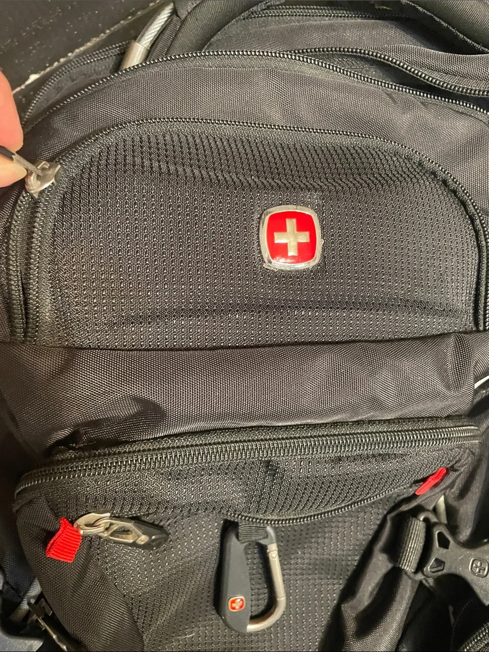 SwissGear Black Backpack with Red Logo Accents
